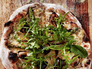 Asparagus Fontina Black Olive Pizza