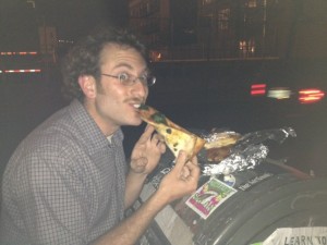 Scott's late-night sidewalk pizza eating tecnique...