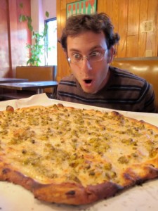 Scott, pondering the mysteries of the universe over a Frank Pepe's White Clam Pizza