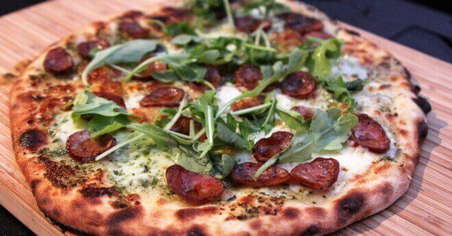 andouille sausage and pesto pizza