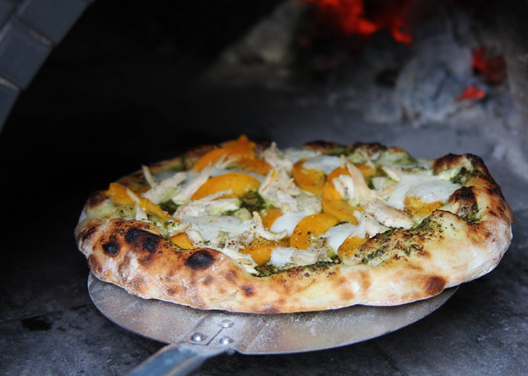 Wood Fired Chicken Pesto Apricot Pizza Forno Bravo. Authentic Wood