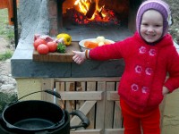 Pompeii DIY Brick Oven with Fire and Vegetables