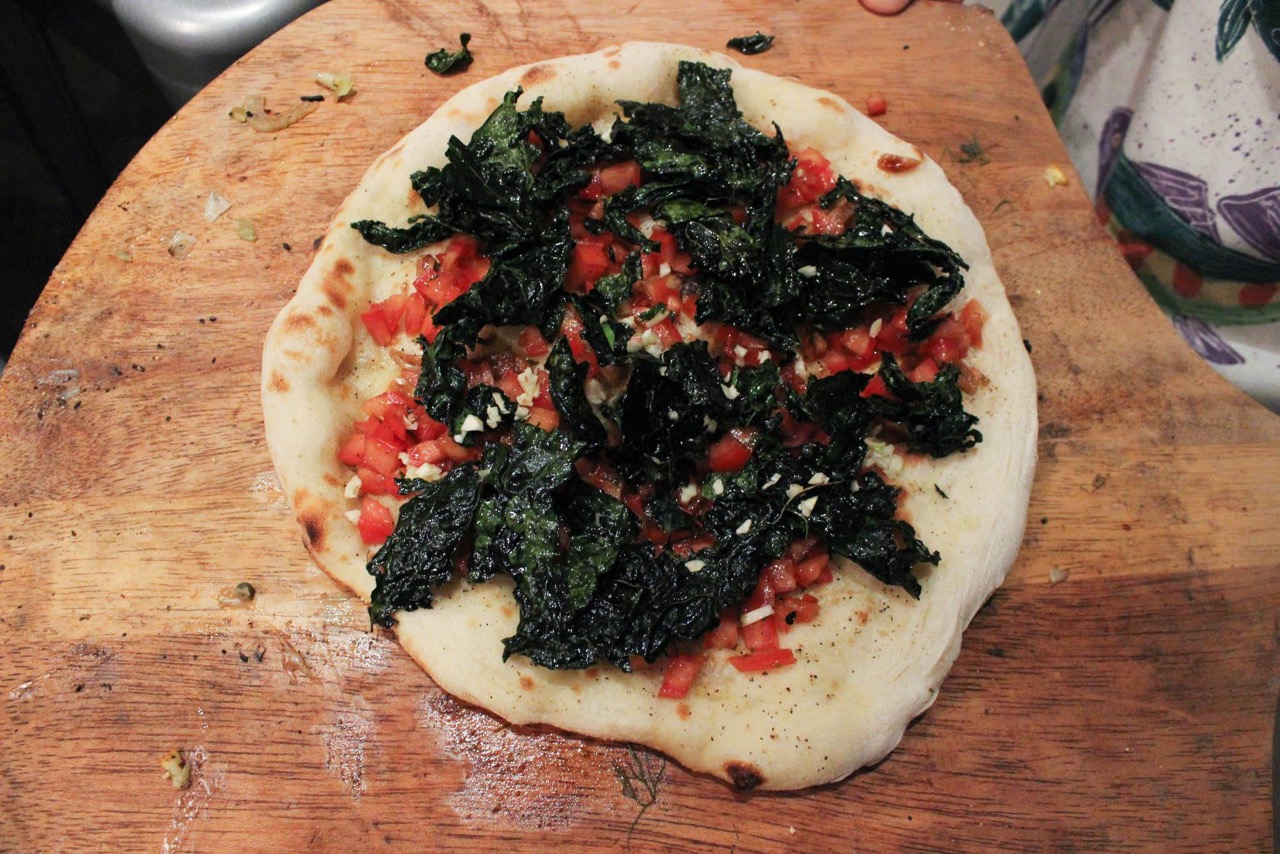 carmelized garlic roasted kale tomato flatbread wood fired recipe