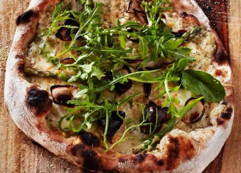 Brigit Binns, asparagus, fontina cheese, arugula, wood fired pizza, pizza