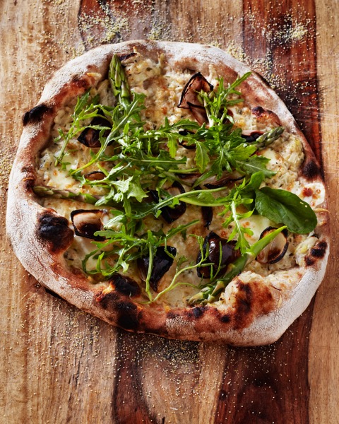 Brigit Binns, asparagus, fontina cheese, arugula, wood fired pizza, pizza