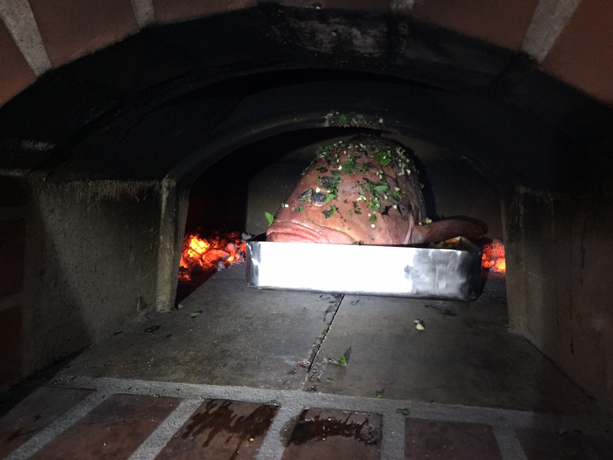 28lb Pink Grouper baking in a wood fired Toscana80 Pizza Oven