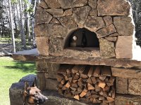 Dog in front of stone pizza oven