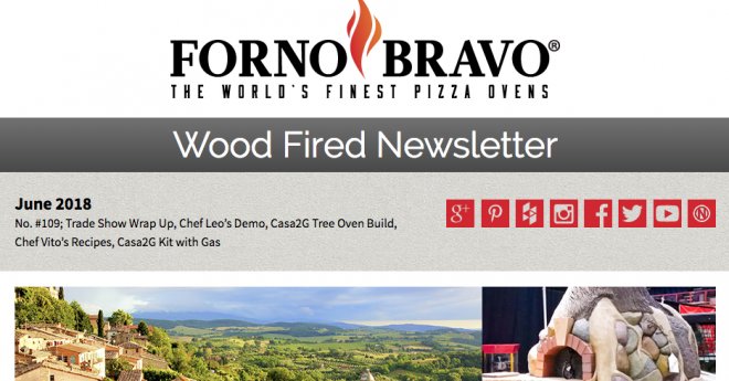 Cover of Wood Fired Newsletter June 2018, tree pizza oven sculpture, italian countryside