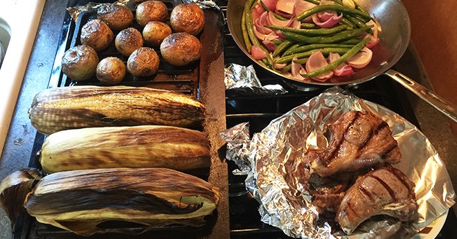 Grilled Corn on the cob - Potatoes - Green Beans - Lamb Chops