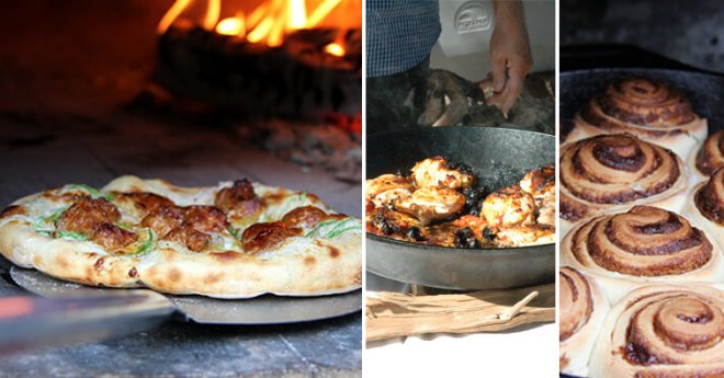 Collage of wood fired pizza-pan roasted chicken-cinnamon rolls