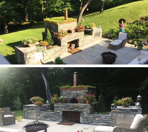 2 pictures of patio area seating and pizza oven with grass roof