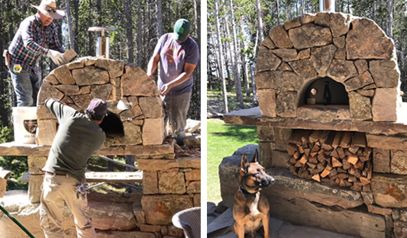 2 pictures- masonry crew building stone enclosure-dog in front of oven