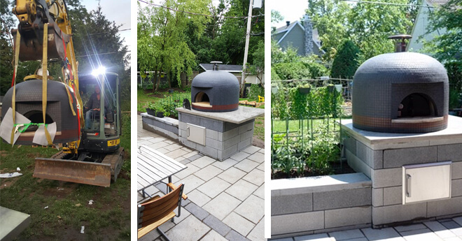 Tri-pic - oven hanging from excavator - installed on counter with attached herb garden