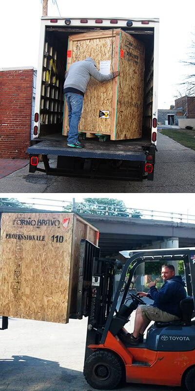 Oven crate on liftgate and forklift