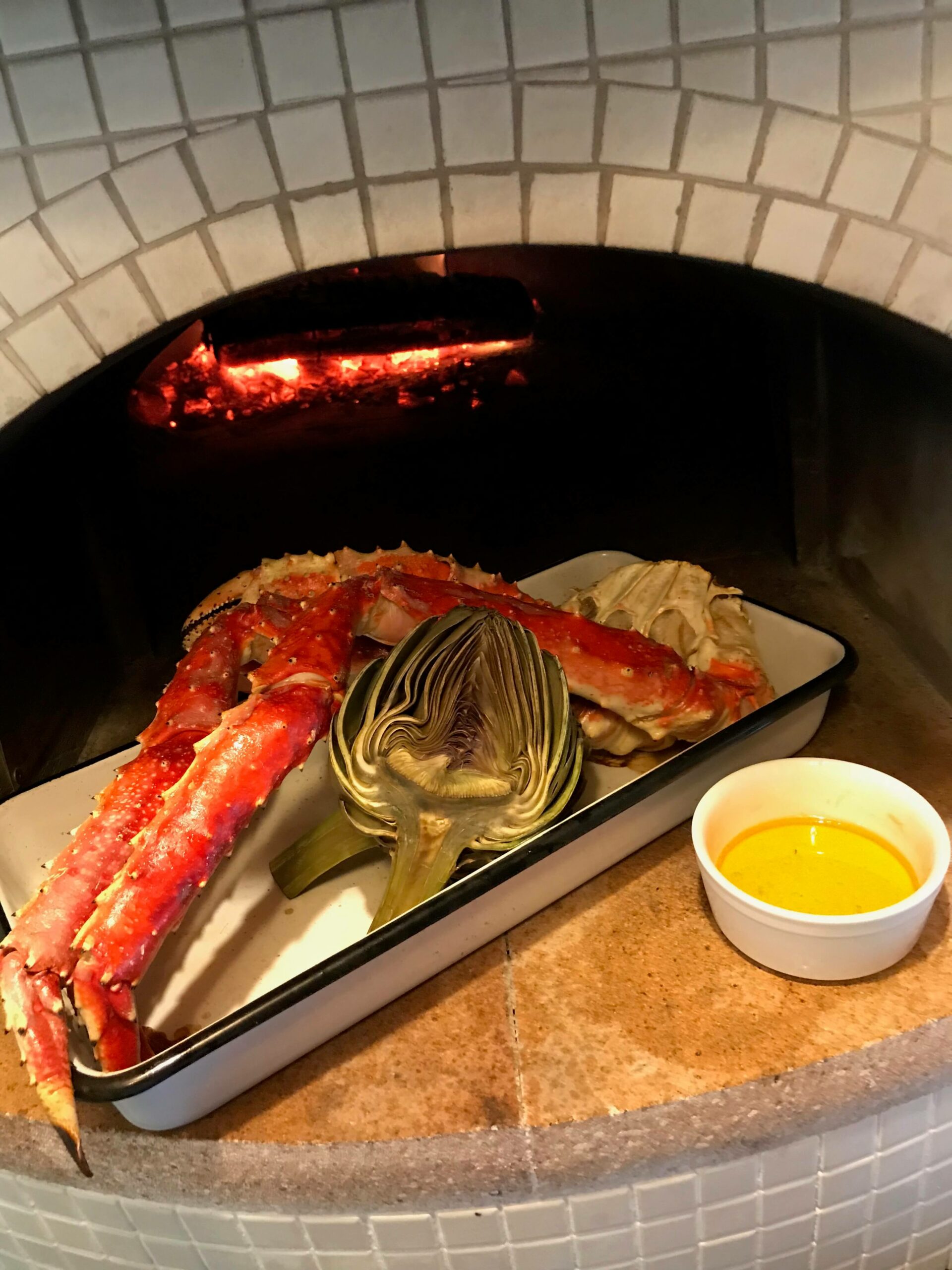 King Crab Legs-Artichoke-Melted Butter-Pizza Oven