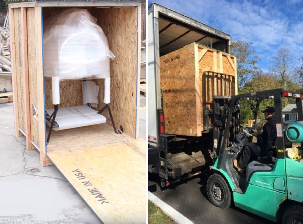 Oven in open crate - crate on forklift