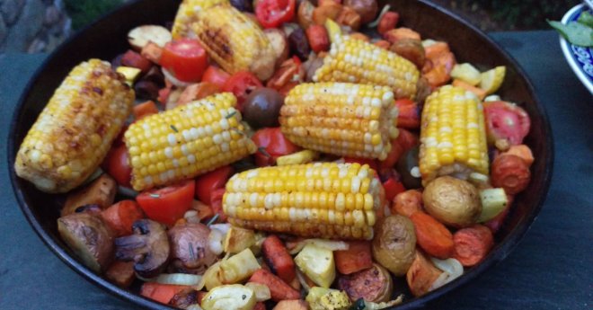 Miscellaneous roasted vegetables-cast iron pan