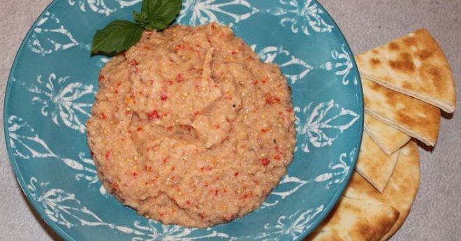 Roasted Eggplant Dip-blue bowl-pita bread