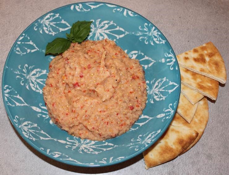 Roasted Eggplant Dip-blue bowl-pita bread