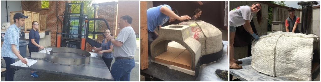 tri-pic of students building mobile pizza oven