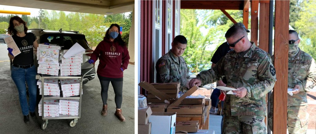 2 girls delivering pizza-national guardsmen eating pizza