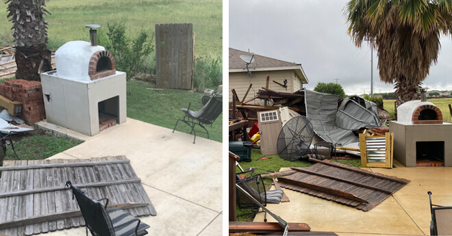 dual picture of backyard damage-pizza oven