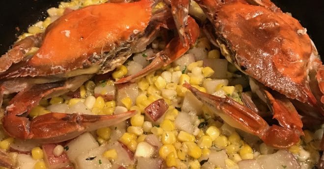 cast iron pan-crabs-hash