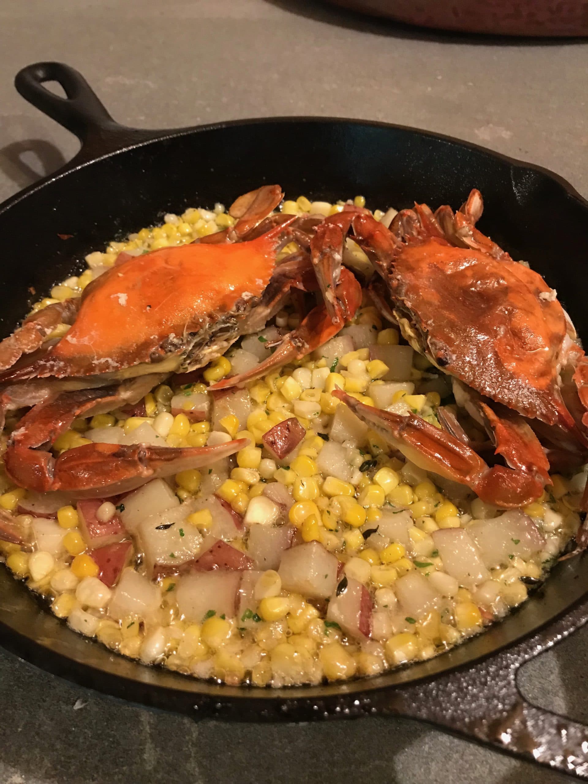 cast iron pan-crabs-hash