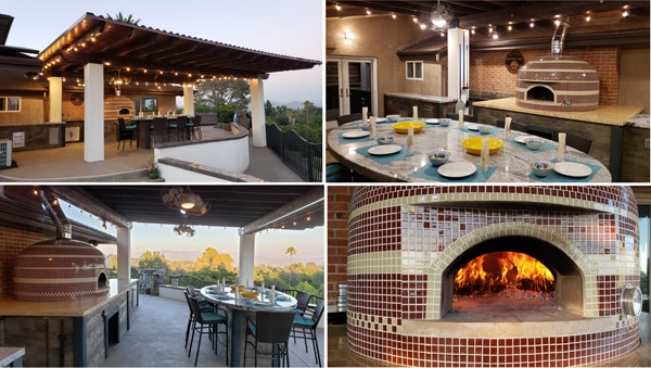 collage of tiled pizza oven in outdoor kitchen