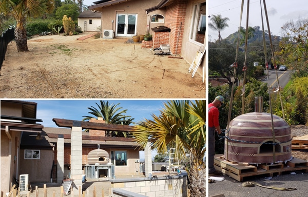 Collage of yard before adn during kitchen build-pizza oven ready to be craned into place