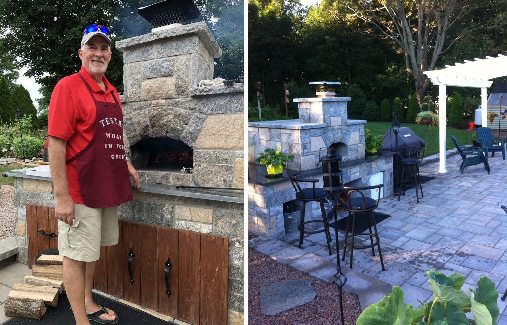 Bi pic-stone oven on patio-chef in apron