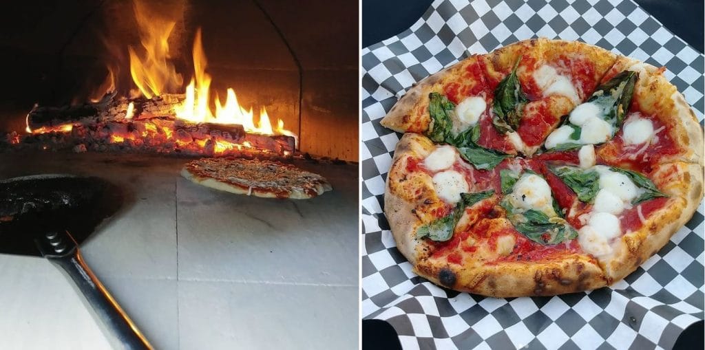 inside of oven with fire and pizza-closeup of pizza