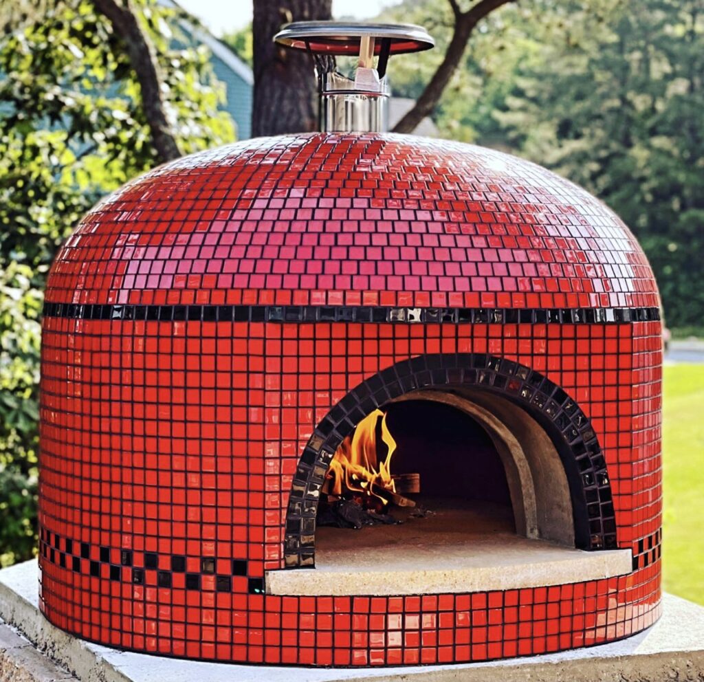 Red adn black tiled pizza oven