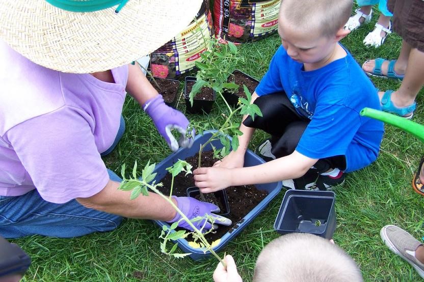 child and adult container gardening