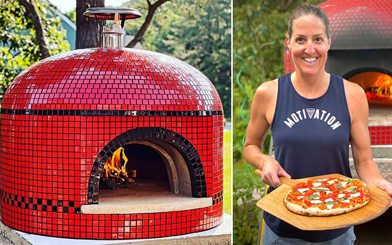 red tiled oven-owner with pizza on peel