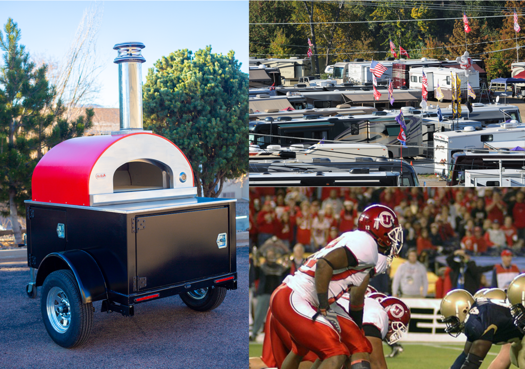 tripic-Serata Trailer with Bella oven, football team, rvs in parking lot