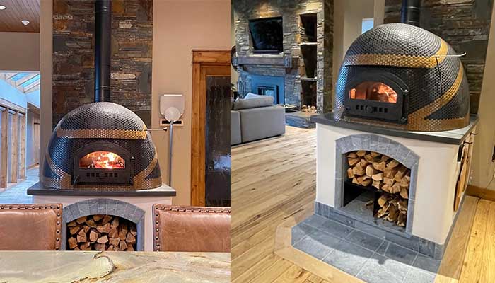 2 views of black tiled wood fired oven with brown swirl accent