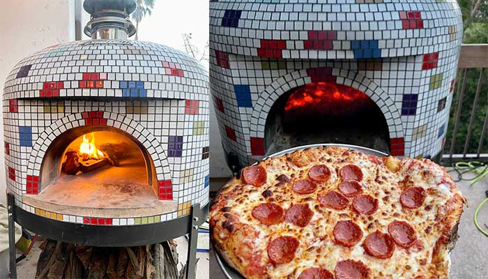 2 views of white tiled oven with patchwork colors-fire-pizza