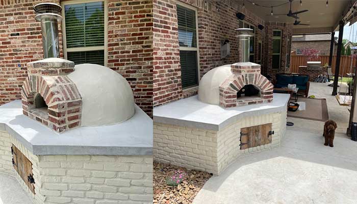 2 views of creme stucco oven with brick face