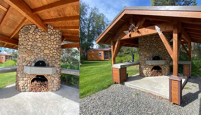 River Rock Finish under wooden roof-wood fired pizza oven-2 views