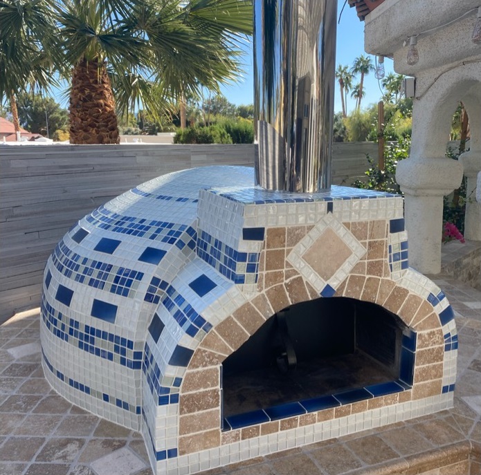 pizza oven with white and blue tile-front view